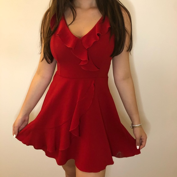Deep Red Ruffle Detail Fit and Flare Dress - Picture 2 of 3